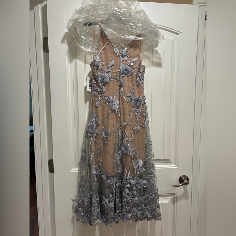 NEVER WORN! New midi formal dress, blue/silver embroidery and cream base.